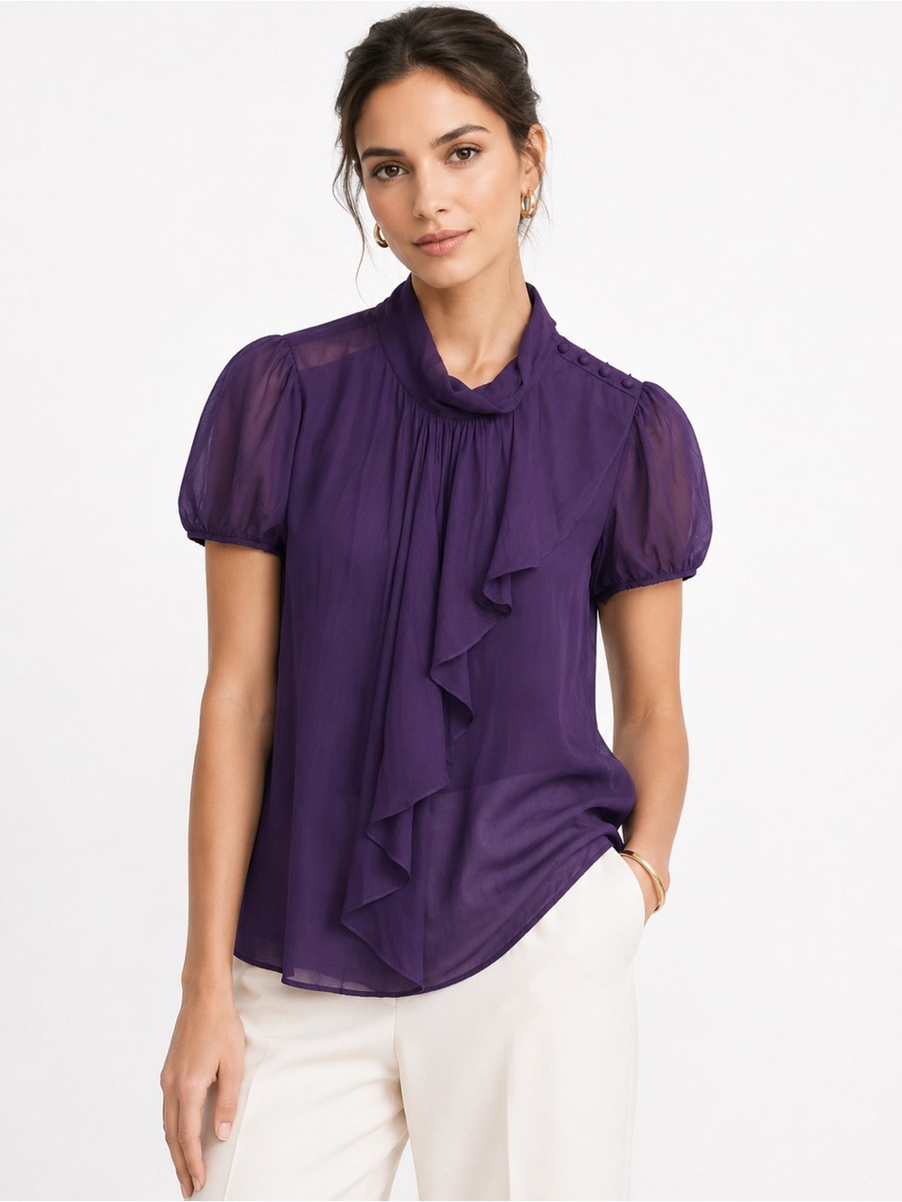 Club Monaco Purple Silk Chiffon Ruffle Blouse Puff Sleeve Size S EUC
